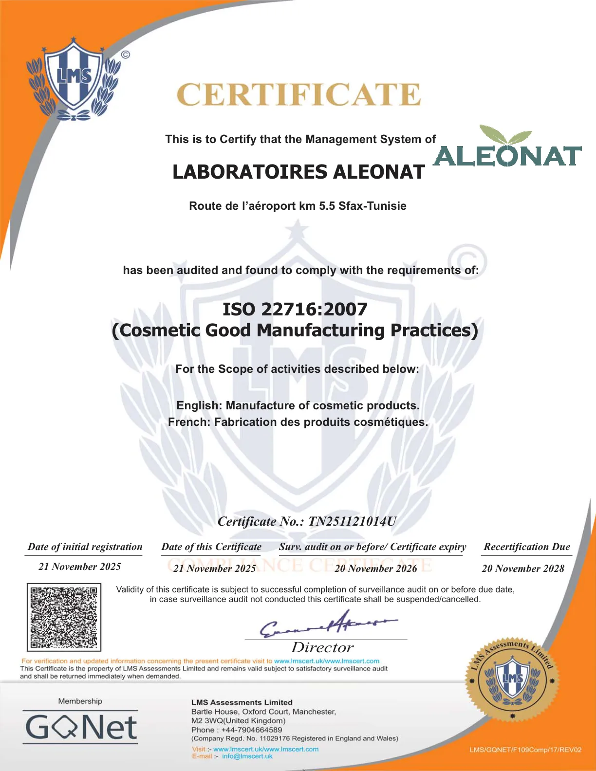 Certification ISO 22716:2007